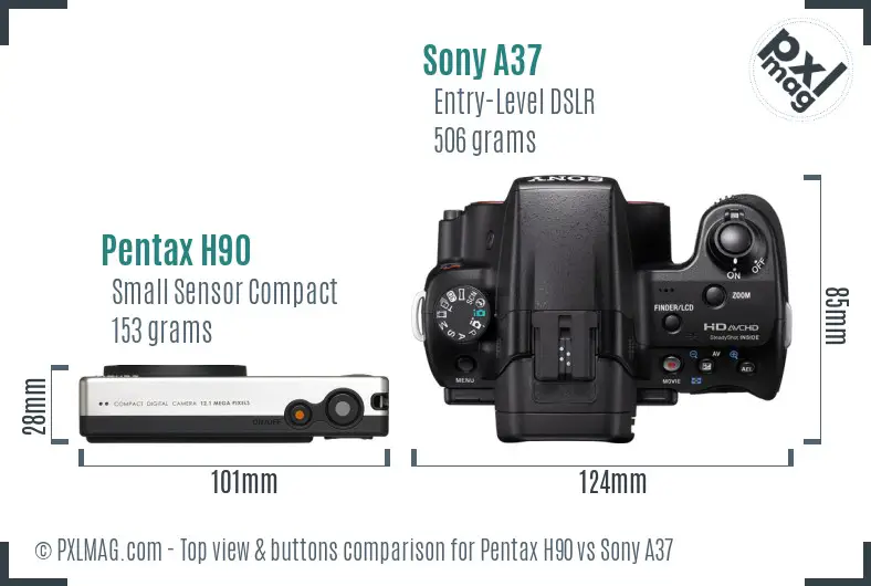 Pentax H90 vs Sony A37 top view buttons comparison