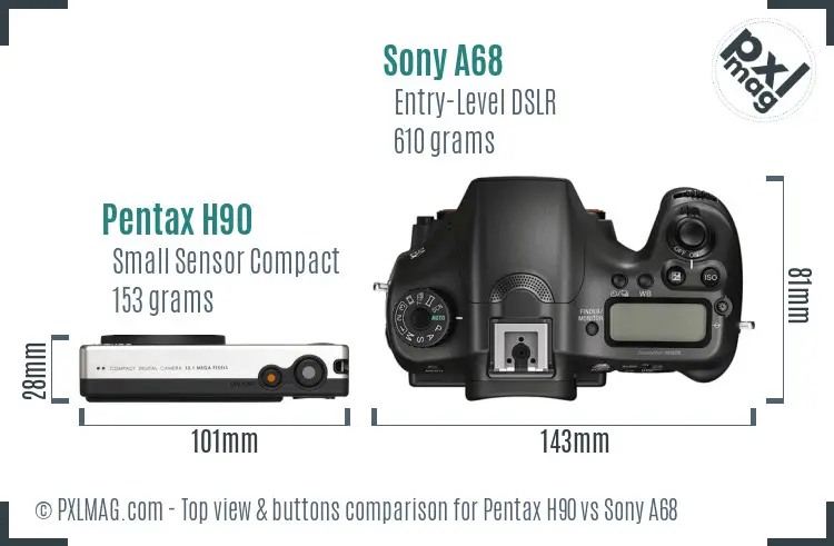 Pentax H90 vs Sony A68 top view buttons comparison