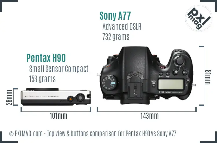 Pentax H90 vs Sony A77 top view buttons comparison Pentax H90 vs Sony A77 top view buttons comparison