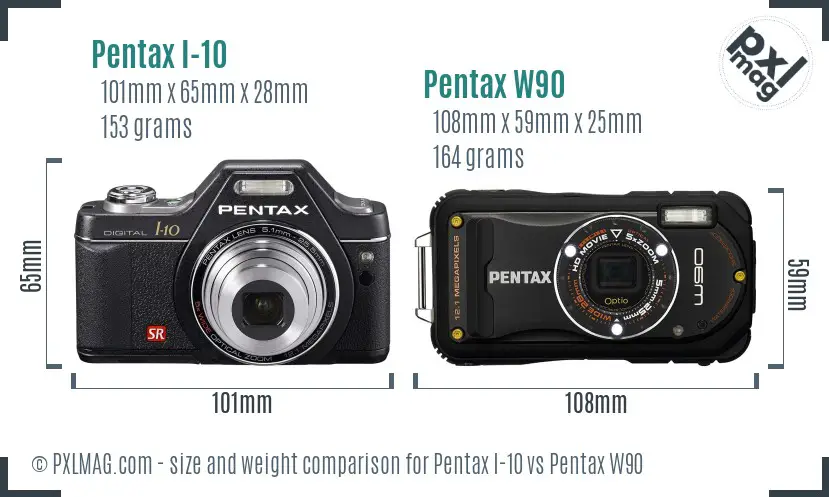 Pentax I-10 vs Pentax W90 size comparison