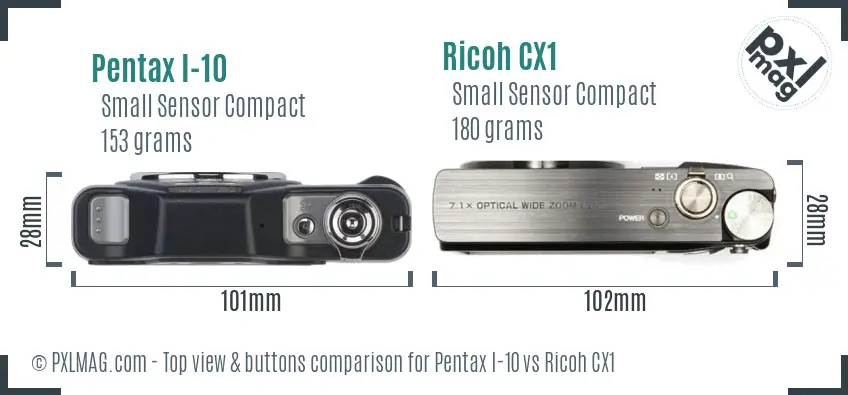Pentax I-10 vs Ricoh CX1 top view buttons comparison Pentax I-10 vs Ricoh CX1 top view buttons comparison