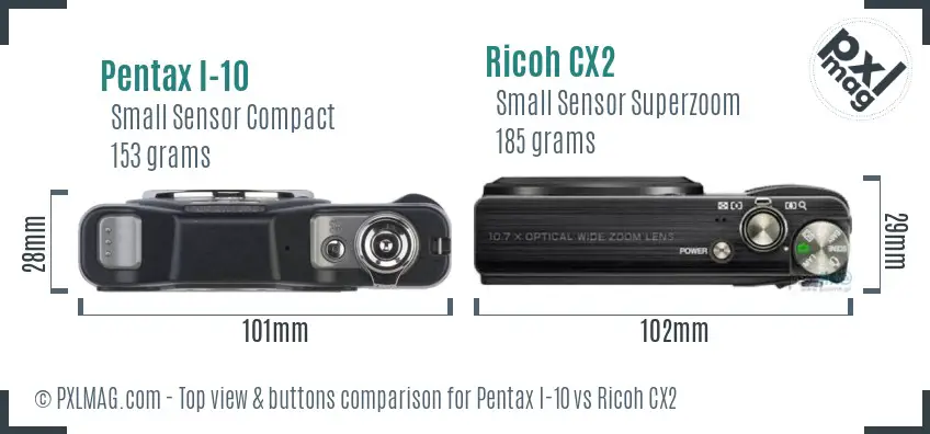 Pentax I-10 vs Ricoh CX2 top view buttons comparison Pentax I-10 vs Ricoh CX2 top view buttons comparison