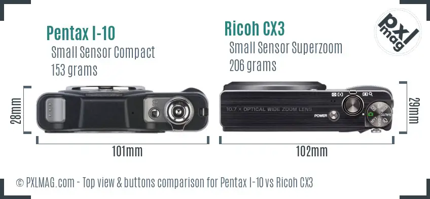 Pentax I-10 vs Ricoh CX3 top view buttons comparison
