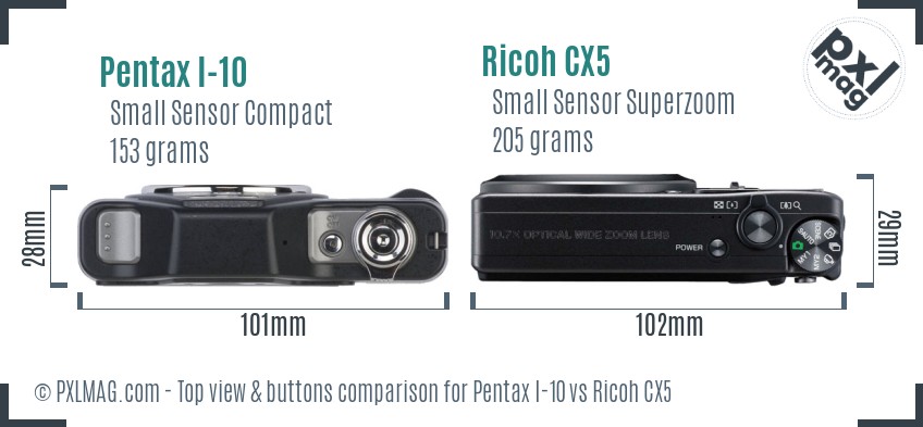 Pentax I-10 vs Ricoh CX5 top view buttons comparison