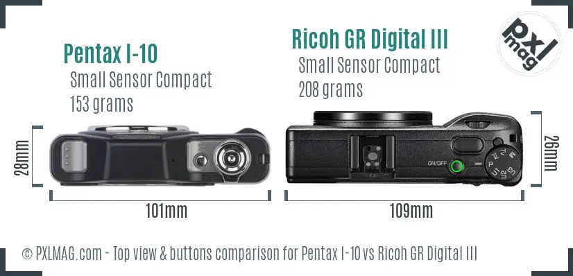 Pentax I-10 vs Ricoh GR Digital III top view buttons comparison Pentax I-10 vs Ricoh GR Digital III top view buttons comparison
