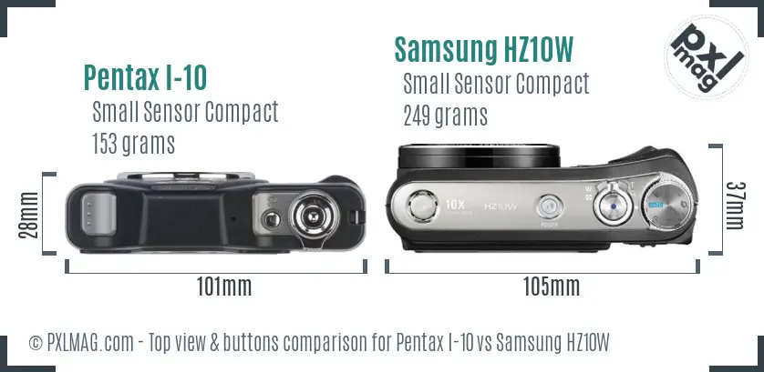 Pentax I-10 vs Samsung HZ10W top view buttons comparison Pentax I-10 vs Samsung HZ10W top view buttons comparison