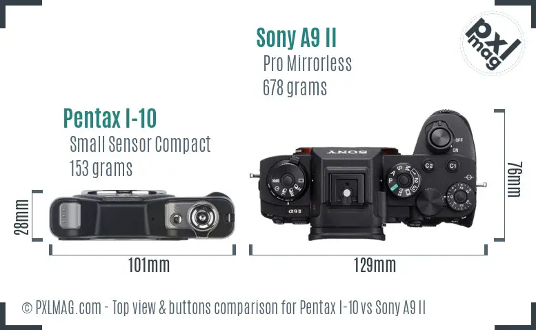Pentax I-10 vs Sony A9 II top view buttons comparison Pentax I-10 vs Sony A9 II top view buttons comparison