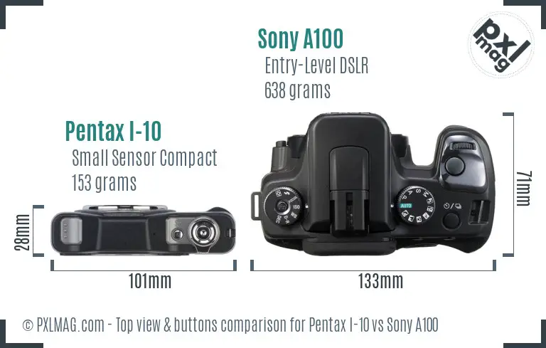 Pentax I-10 vs Sony A100 top view buttons comparison Pentax I-10 vs Sony A100 top view buttons comparison