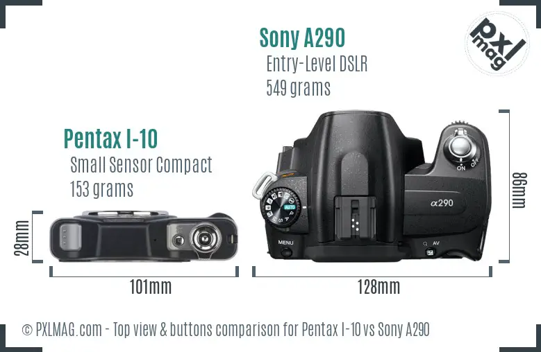 Pentax I-10 vs Sony A290 top view buttons comparison Pentax I-10 vs Sony A290 top view buttons comparison