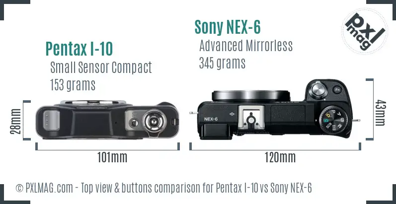 Pentax I-10 vs Sony NEX-6 top view buttons comparison Pentax I-10 vs Sony NEX-6 top view buttons comparison