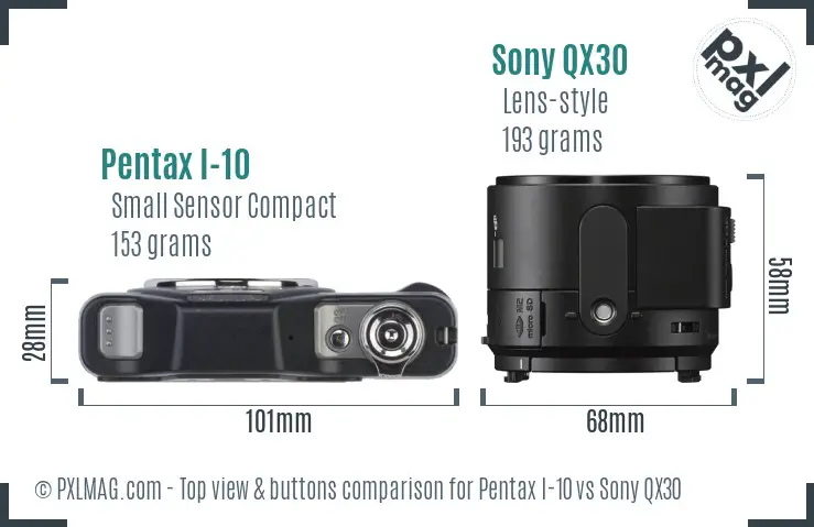 Pentax I-10 vs Sony QX30 top view buttons comparison