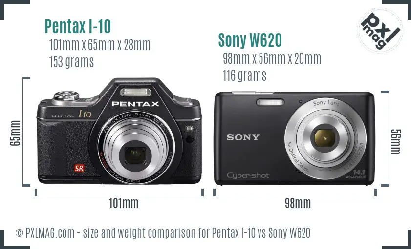 Pentax I-10 vs Sony W620 size comparison