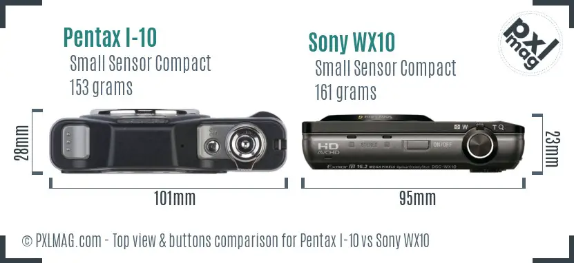 Pentax I-10 vs Sony WX10 top view buttons comparison Pentax I-10 vs Sony WX10 top view buttons comparison