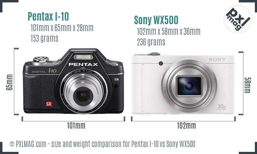 Pentax I-10 vs Sony WX500 size comparison