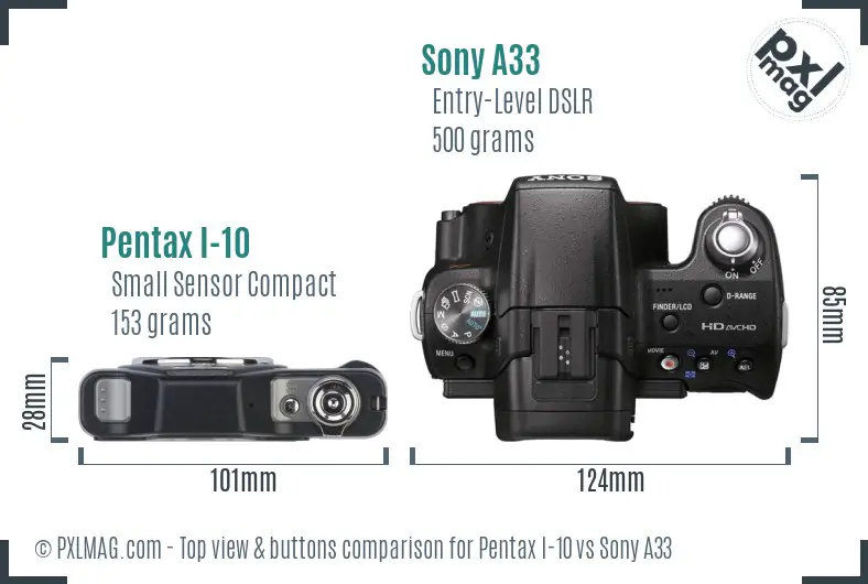 Pentax I-10 vs Sony A33 top view buttons comparison Pentax I-10 vs Sony A33 top view buttons comparison
