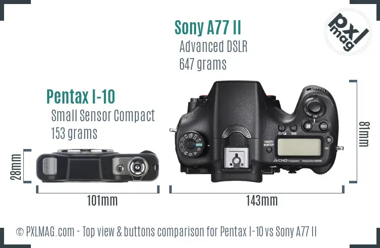 Pentax I-10 vs Sony A77 II top view buttons comparison