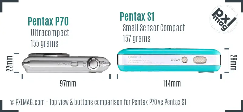 Pentax P70 vs Pentax S1 top view buttons comparison