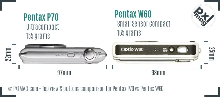 Pentax P70 vs Pentax W60 top view buttons comparison