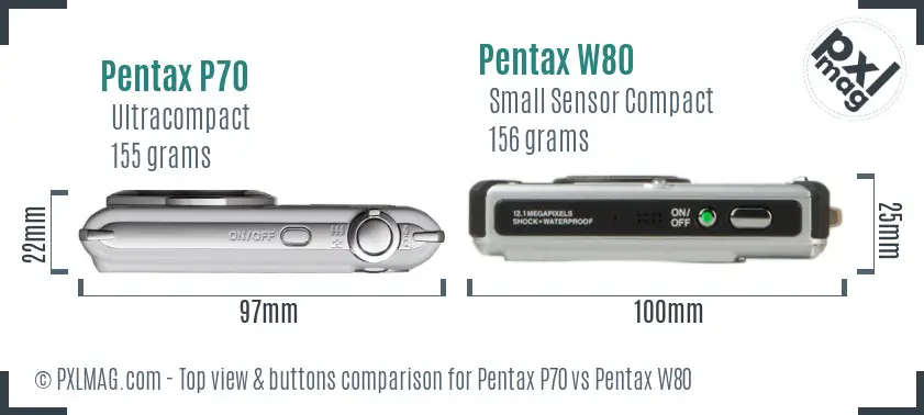 Pentax P70 vs Pentax W80 top view buttons comparison