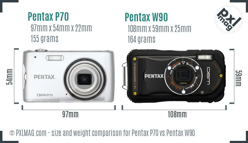 Pentax P70 vs Pentax W90 size comparison