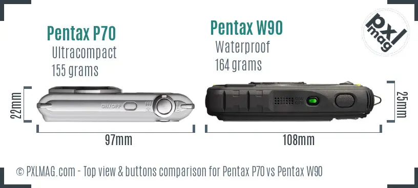 Pentax P70 vs Pentax W90 top view buttons comparison