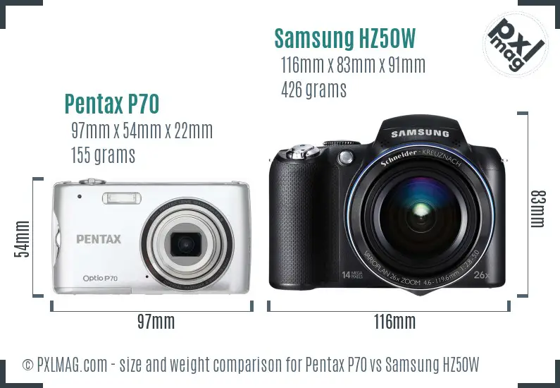 Pentax P70 vs Samsung HZ50W size comparison