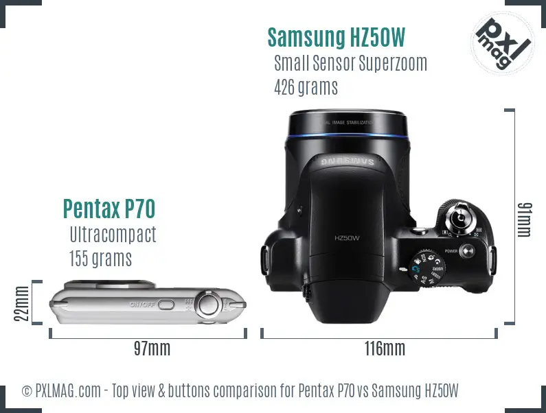 Pentax P70 vs Samsung HZ50W top view buttons comparison