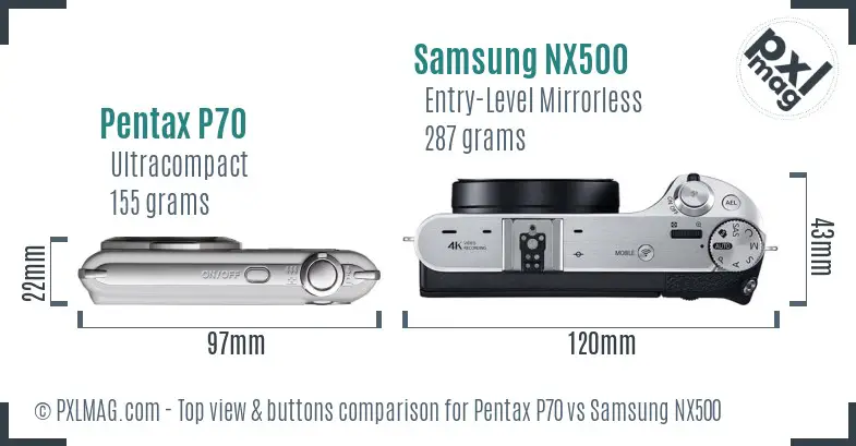Pentax P70 vs Samsung NX500 top view buttons comparison Pentax P70 vs Samsung NX500 top view buttons comparison
