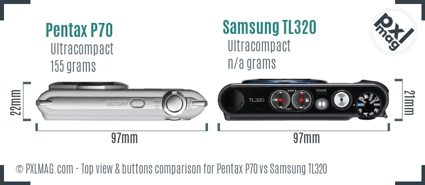 Pentax P70 vs Samsung TL320 top view buttons comparison Pentax P70 vs Samsung TL320 top view buttons comparison