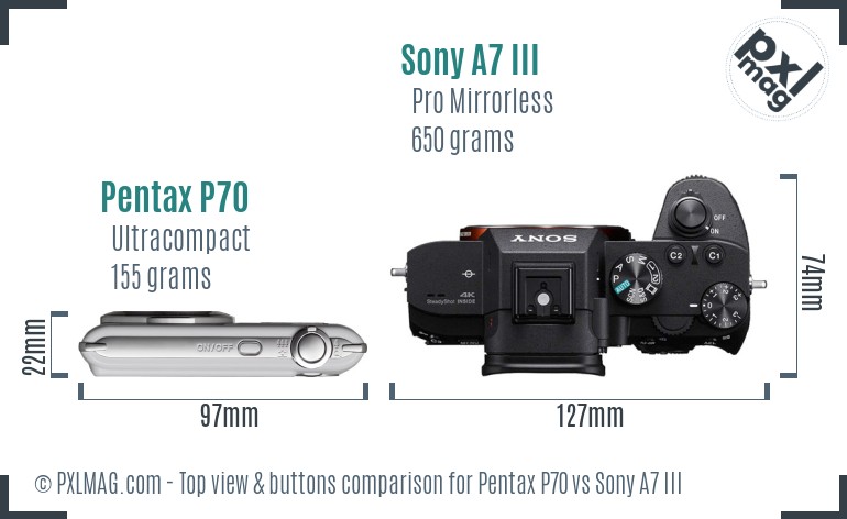 Pentax P70 vs Sony A7 III top view buttons comparison