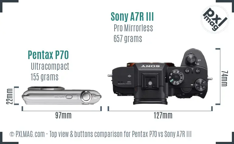 Pentax P70 vs Sony A7R III top view buttons comparison