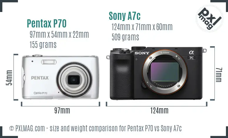 Pentax P70 vs Sony A7c size comparison