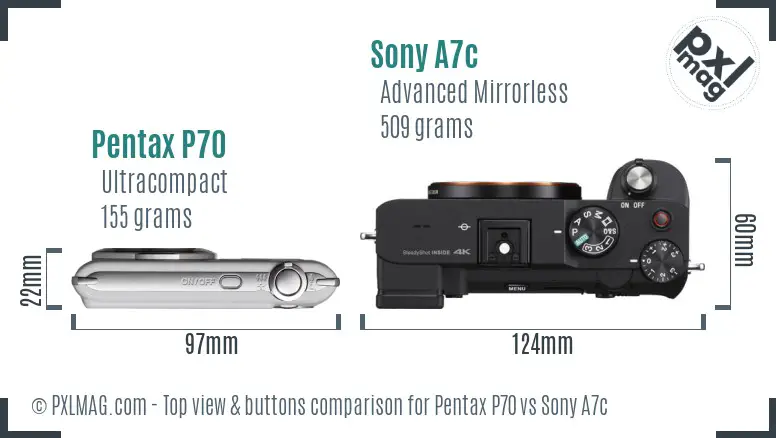 Pentax P70 vs Sony A7c top view buttons comparison