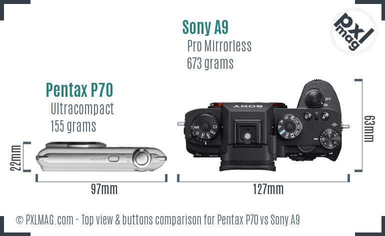 Pentax P70 vs Sony A9 top view buttons comparison