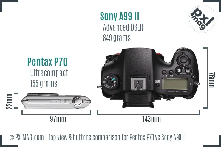 Pentax P70 vs Sony A99 II top view buttons comparison Pentax P70 vs Sony A99 II top view buttons comparison