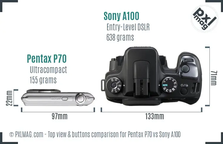 Pentax P70 vs Sony A100 top view buttons comparison Pentax P70 vs Sony A100 top view buttons comparison