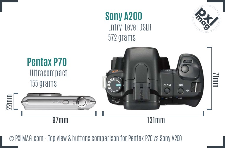 Pentax P70 vs Sony A200 top view buttons comparison
