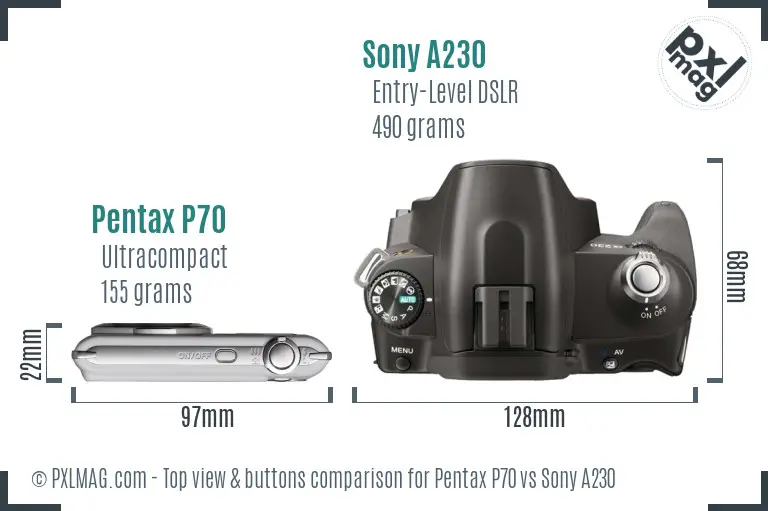 Pentax P70 vs Sony A230 top view buttons comparison