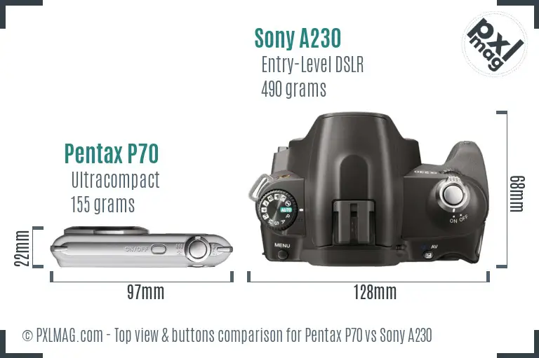 Pentax P70 vs Sony A230 top view buttons comparison Pentax P70 vs Sony A230 top view buttons comparison