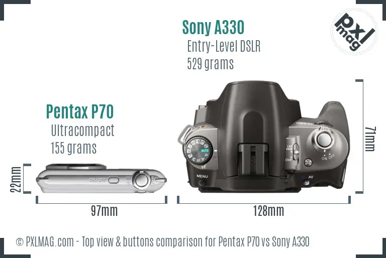 Pentax P70 vs Sony A330 top view buttons comparison Pentax P70 vs Sony A330 top view buttons comparison