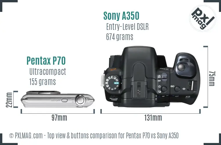Pentax P70 vs Sony A350 top view buttons comparison Pentax P70 vs Sony A350 top view buttons comparison