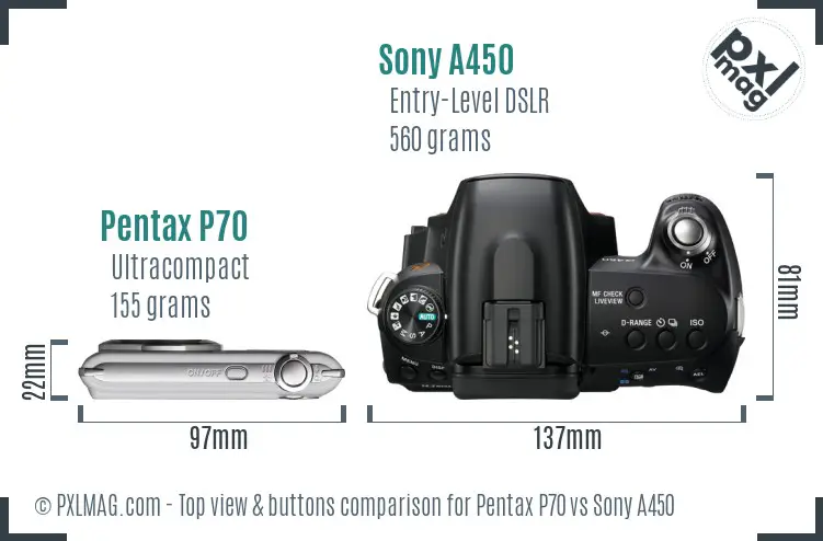 Pentax P70 vs Sony A450 top view buttons comparison Pentax P70 vs Sony A450 top view buttons comparison