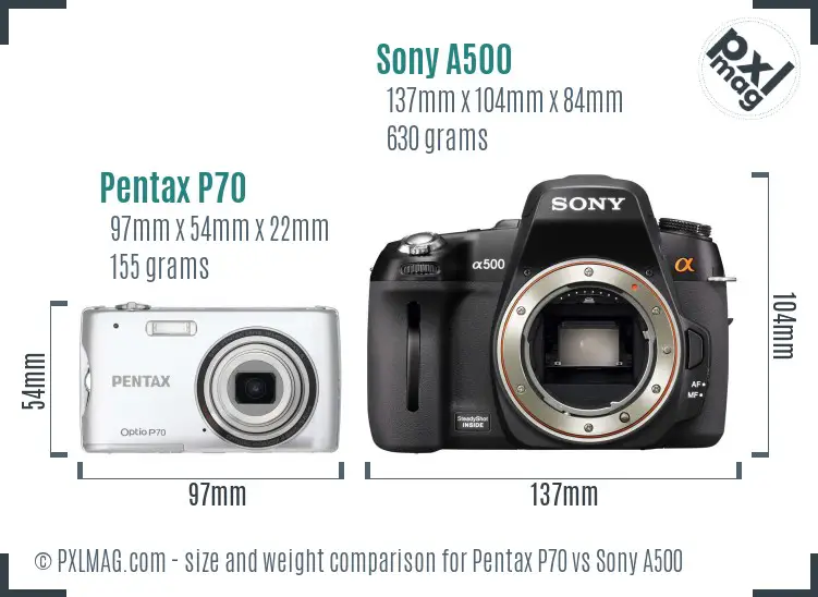 Pentax P70 vs Sony A500 size comparison