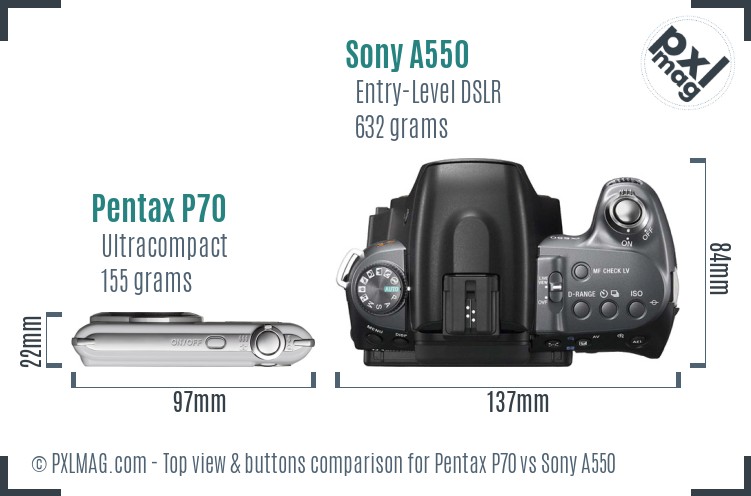 Pentax P70 vs Sony A550 top view buttons comparison