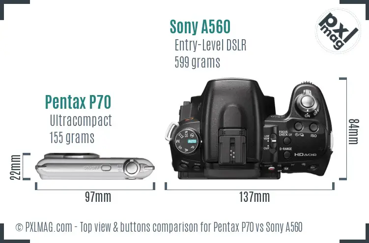 Pentax P70 vs Sony A560 top view buttons comparison Pentax P70 vs Sony A560 top view buttons comparison