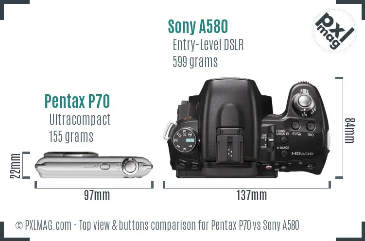 Pentax P70 vs Sony A580 top view buttons comparison