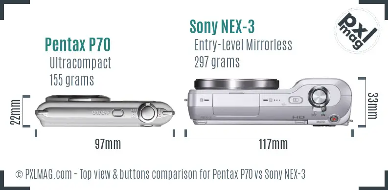 Pentax P70 vs Sony NEX-3 top view buttons comparison
