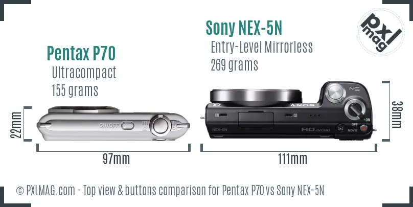 Pentax P70 vs Sony NEX-5N top view buttons comparison Pentax P70 vs Sony NEX-5N top view buttons comparison