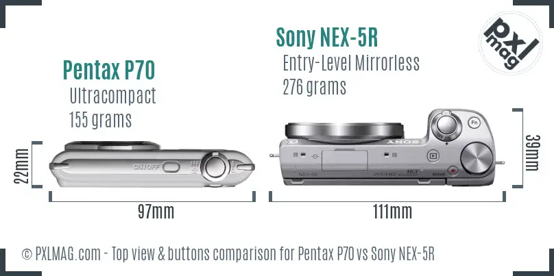 Pentax P70 vs Sony NEX-5R top view buttons comparison