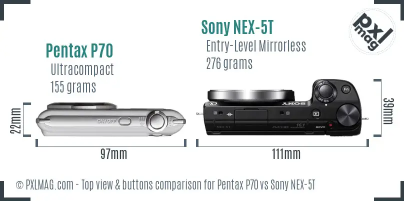 Pentax P70 vs Sony NEX-5T top view buttons comparison